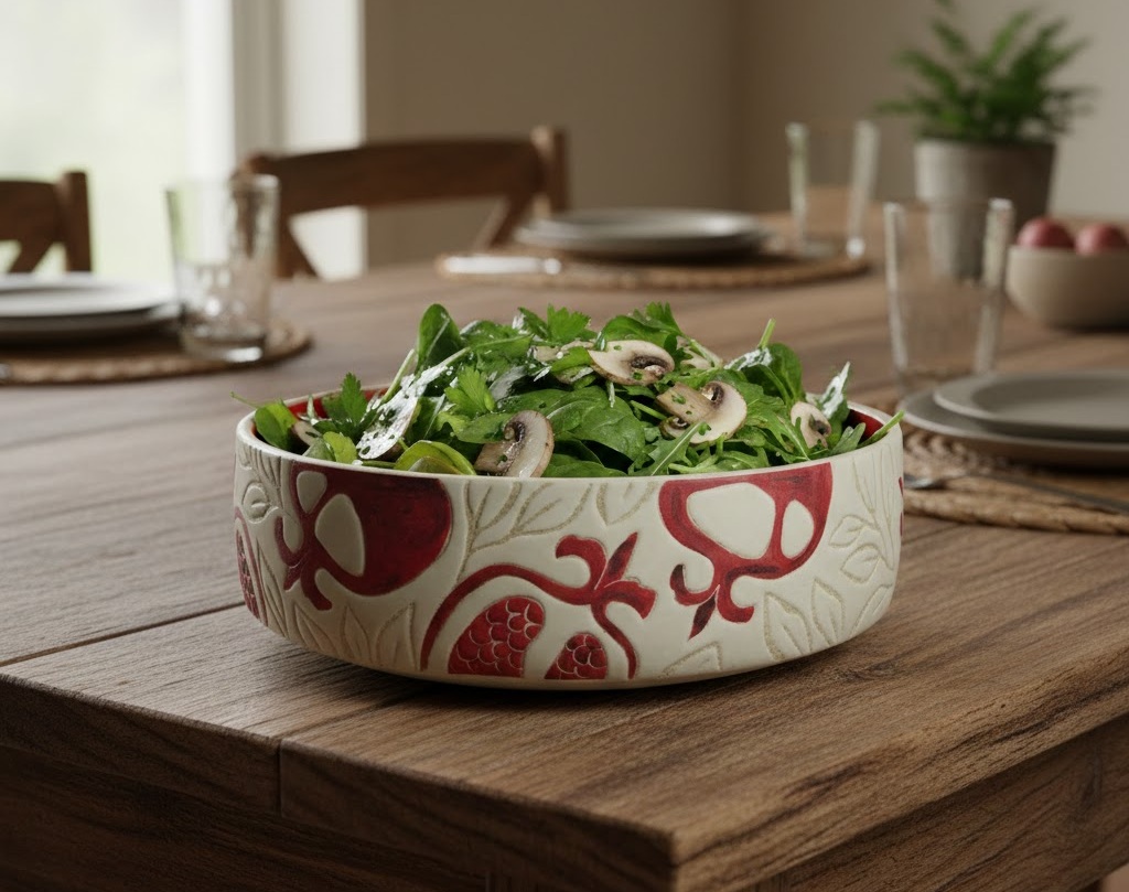 featuring a red interior and red pomegranate motifs. Suitable for serving