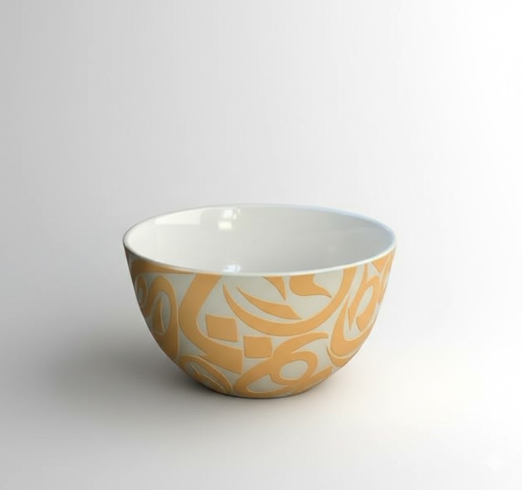 A U-shaped bowl featuring flowing Arabic calligraphy. Designed for both serving and display.