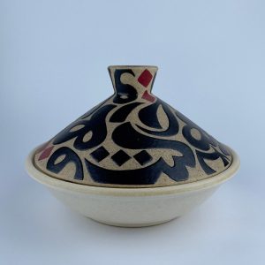 Tajine with a conical lid featuring black calligraphy and a solid beige base