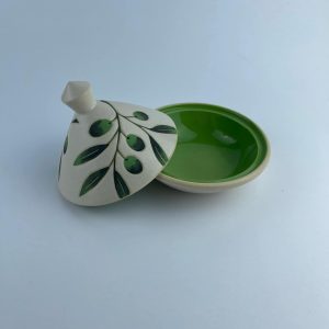A small tajine with a conical lid and wide base. The lid features delicate olive branch and leaf motifs