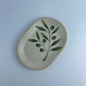 A wide-front oval plate featuring delicate olive branch and leaf motifs with a glossy green interior.  Suitable for serving appetizers