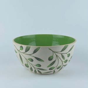 A U-shaped bowl with delicate olive branch and leaf motifs on a white background