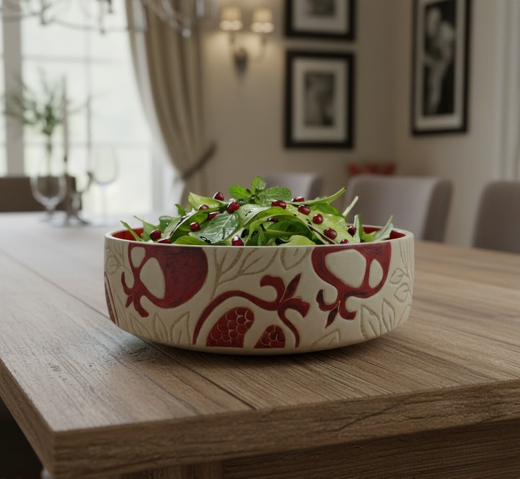 featuring a red interior and red pomegranate motifs. Suitable for serving